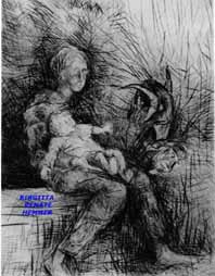 Graphic of an anxious child on the lap of the mother, two masks in background - Grafik eines Kindes auf dem Schoß der Mutter, das Angst hat vor zwei Masken im Hintergrund - Gravure d'un enfant anxieux sur les genoux de sa mère, deux masques en arrière-plan - Gráfica de un niño ansioso en el regazo de la madre, dos máscaras en el fondo - Gráfico duma criança ansiosa no colo da mãe, duas máscaras em segundo plano - Grafica di un bambino ansioso sul grembo di sua madre, due maschere nello sfondo