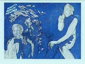 Etching: a man in the foreground with a woman who regards him from distance - Farbradierung: ein Mann im Vordergrund mit einer Frau, die ihn aus der Distanz heraus betrachtet - Gravure: un homme au premier plan avec une femme qui le regarde avec distance - Grabado: un hombre en primer plano con una mujer que lo mira con distancia - Gravura: um homem no primeiro plano com uma mulher que o encara a distância - Incisione: un uomo in primo piano con una donna che lo considera da una certa distanza