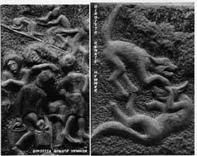 Relief of people on a staircase, stepping on each other, and relief from a conflict between wolves - Relief von Menschen auf einer Treppe, die sich gegenseitig treten und Relief von einem Streit zwischen Wölfen - Relief de personnes sur un escalier qui marchent l'une sur l'autre, et relief d'un conflit entre loups - Relieve de gente en las escaleras, pisando unos a otros y relieve de un conflicto entre lobos - Relevo de pessoas numa escada, os uns pisando sobre os outros, e relevo dum conflito entre lobos - Rilievo di persone su una scala, l'uno calcando l'altro, e rilievo di un conflitto tra lupi